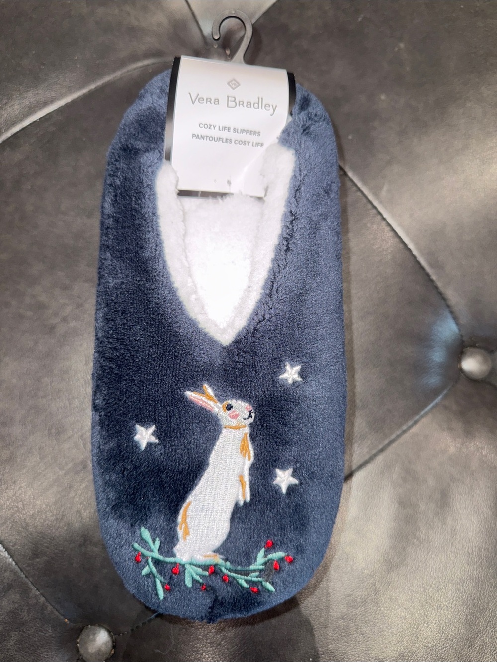 NWT Vera Bradley Navy Soft Fleece Slippers with Bunny, Moon & Stars Embroidey